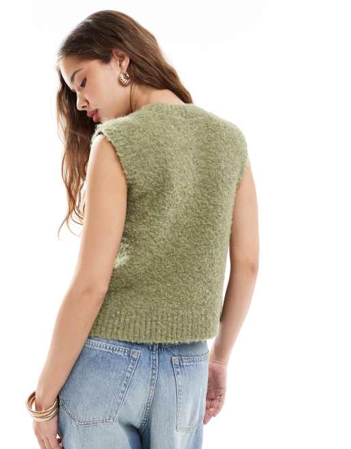 Daisy Street - Pull sans manches ras de cou à fermeture éclair en maille bouclée - Olive, 4 de 4
