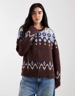 Daisy Street - Pullover in Braun und Blau mit Reißverschluss und Norwegermuster-Brown