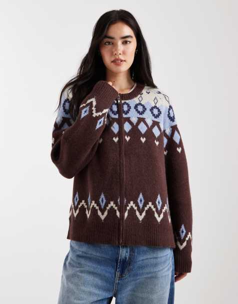 Daisy Street – Pullover in Braun und Blau mit Reißverschluss und Norwegermuster - view 1