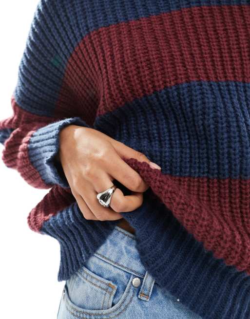 Daisy Street – Pullover in Marineblau und Rot gestreift mit V-Ausschnitt, 3 von 4