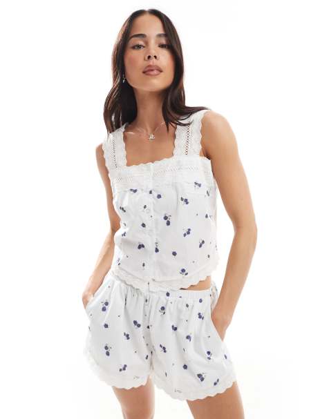 Daisy Street pyjama cami top with lace detail in lilac berry print - view 1
