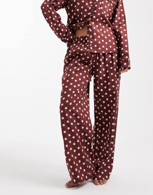 Daisy Street pyjama shirt and pull on trouser with matching bag in burgundy star print, 4 of 4