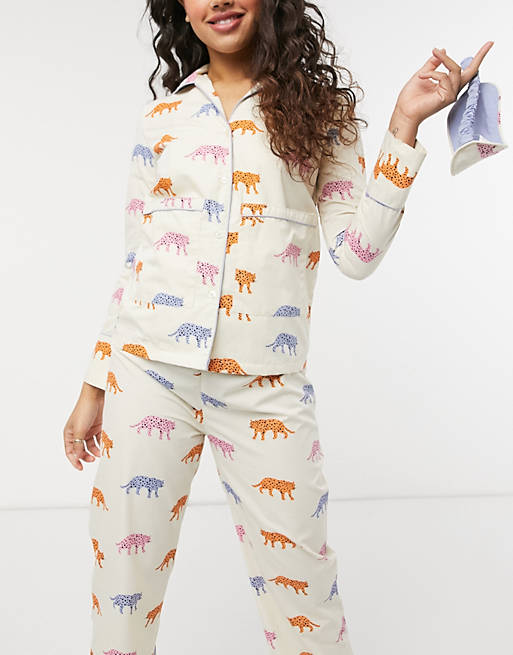 Daisy Street - Pyjamassæt med langærmet skjorte, bukser og sovemaske i tigerprint
