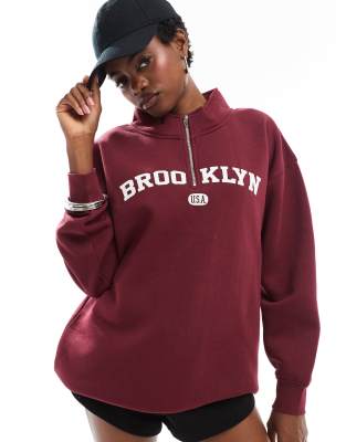 Daisy Street Quarter Zip Sweatshirt In Burgundy With Large Collegiate Graphic-red