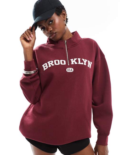 Daisy Street quarter zip sweatshirt in burgundy with large collegiate ...