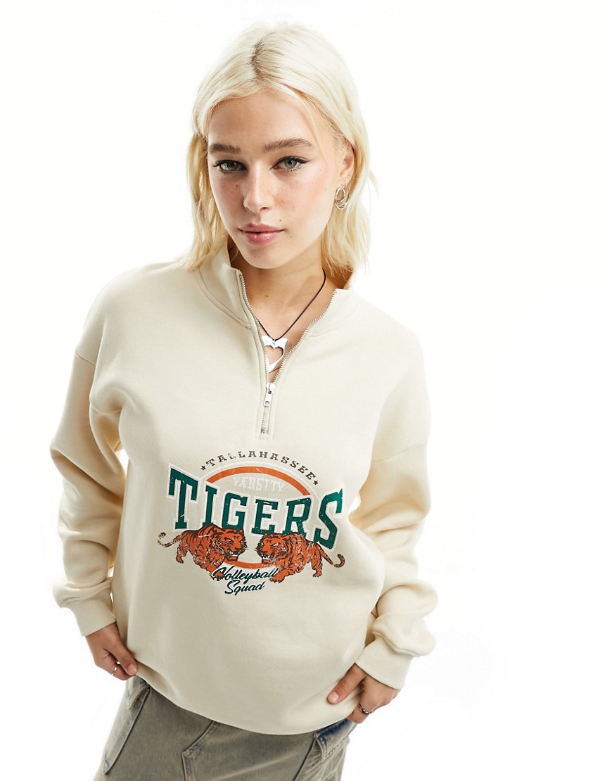 Daisy Street quarter zip sweatshirt in stone with tiger graphic-Neutral