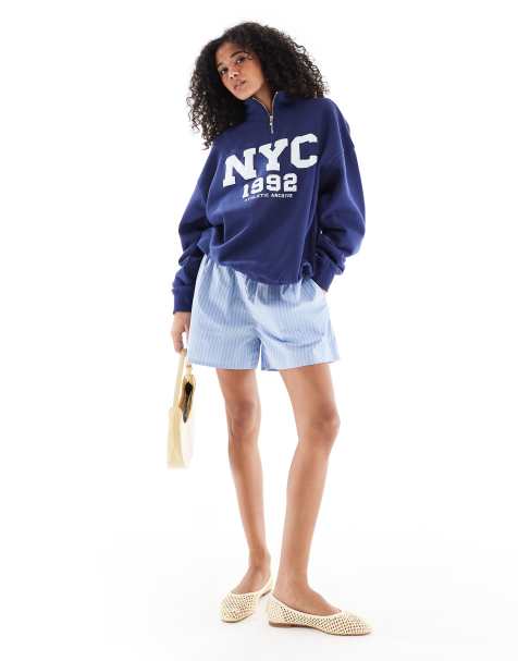 Daisy Street quarter zip sweatshirt with nyc 1992 graphic in navy - view 1