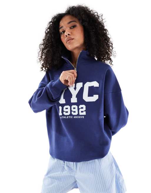 Daisy Street quarter zip sweatshirt with nyc 1992 graphic in navy