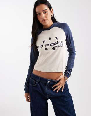 Daisy Street Raglan Long Sleeve Baby Tee In Blue