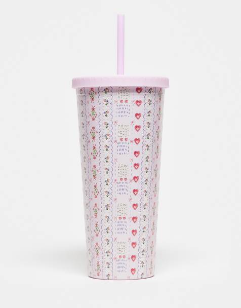 Daisy Street re-usable drinking cup and straw in pink wallpaper - view 1