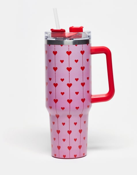 Daisy Street re-usable drinking cup in pink heart print - view 1