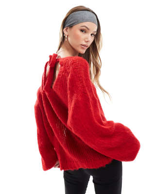 Daisy Street red balloon sleeve chunky jumperwith tie back detail