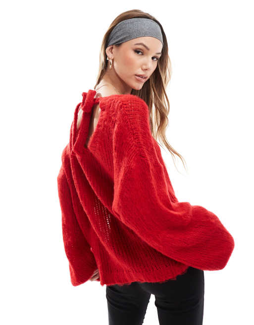 Daisy Street red balloon sleeve chunky sweater with tie back detail 