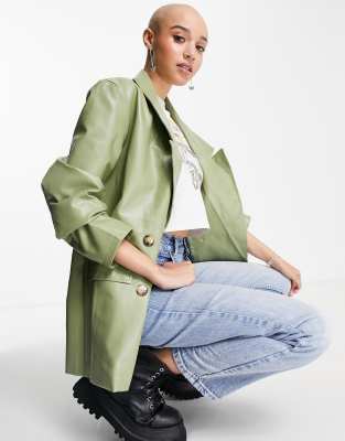 Daisy Street relaxed blazer in faux leather co-ord-Green