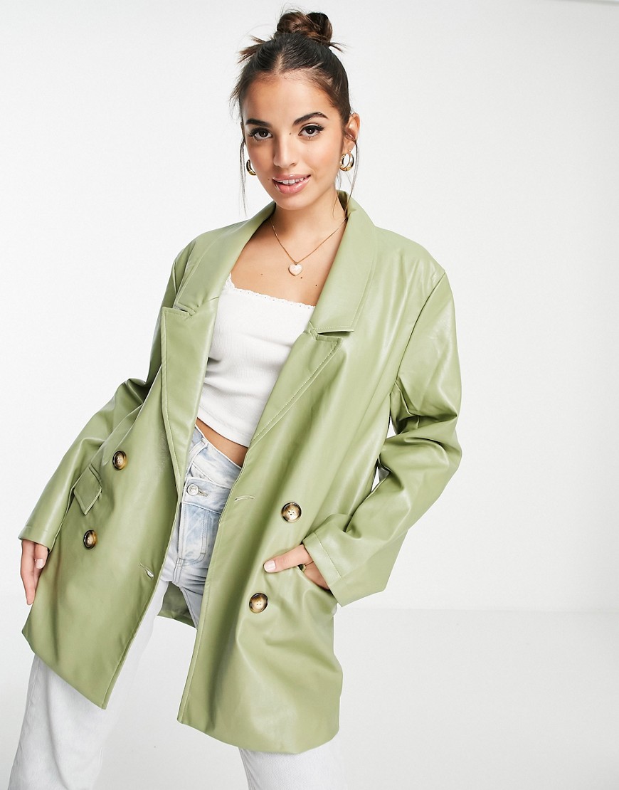 Daisy Street relaxed blazer in faux leather - part of a set-Green