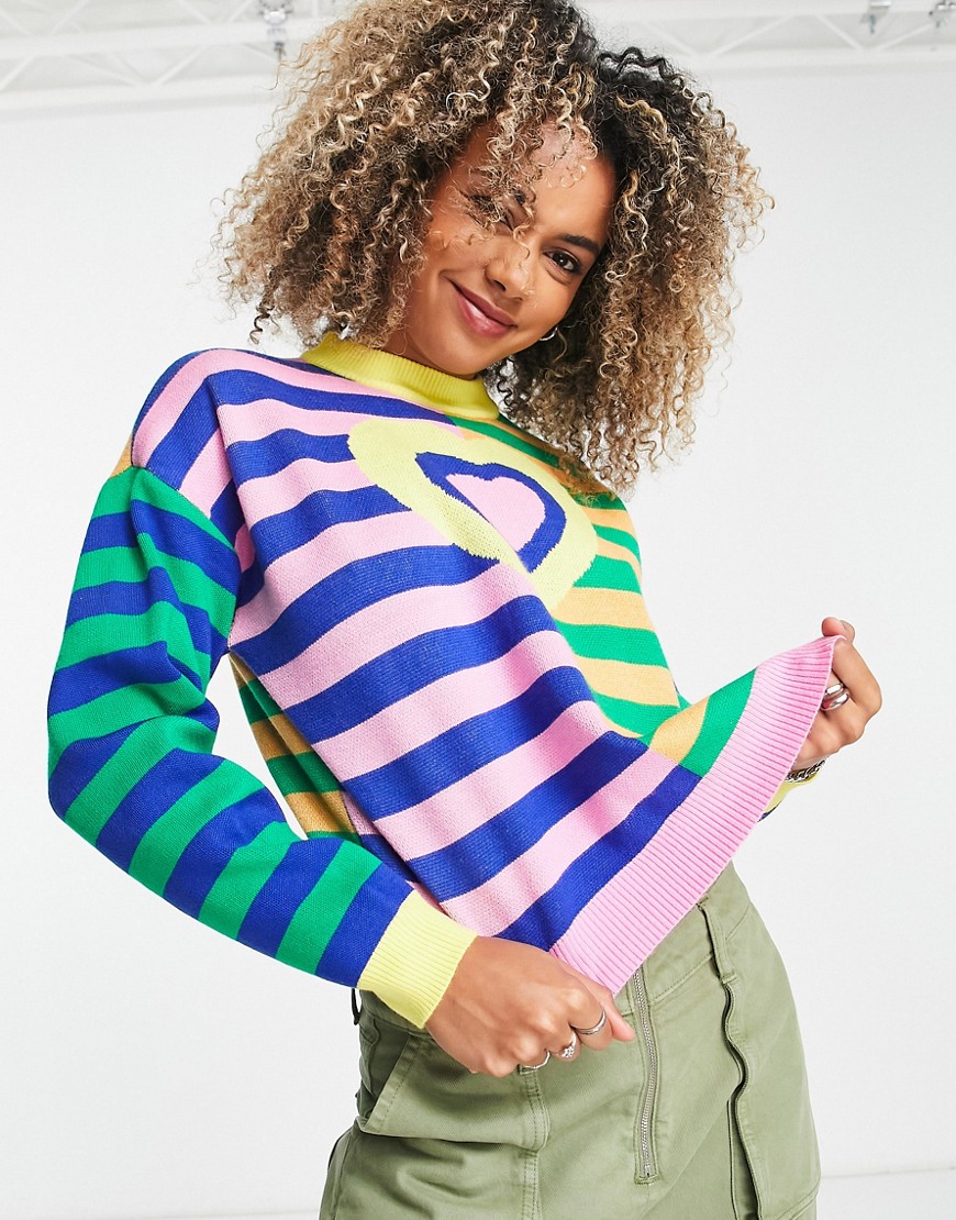 Daisy Street relaxed boxy knit jumper in mix stripe print with heart graphic-Pink