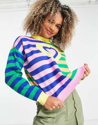 Daisy Street Relaxed Boxy Knit Sweater In Mix Stripe Print With Heart Graphic-pink