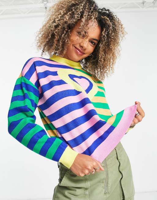 Daisy Street relaxed boxy knit sweater in mix stripe print with