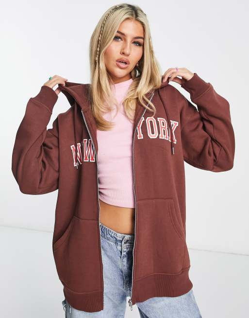 Daisy Street relaxed boyfriend zip front hoodie with red New York