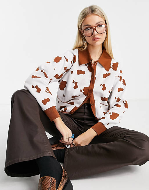 Daisy Street relaxed cardigan in cow print co-ord