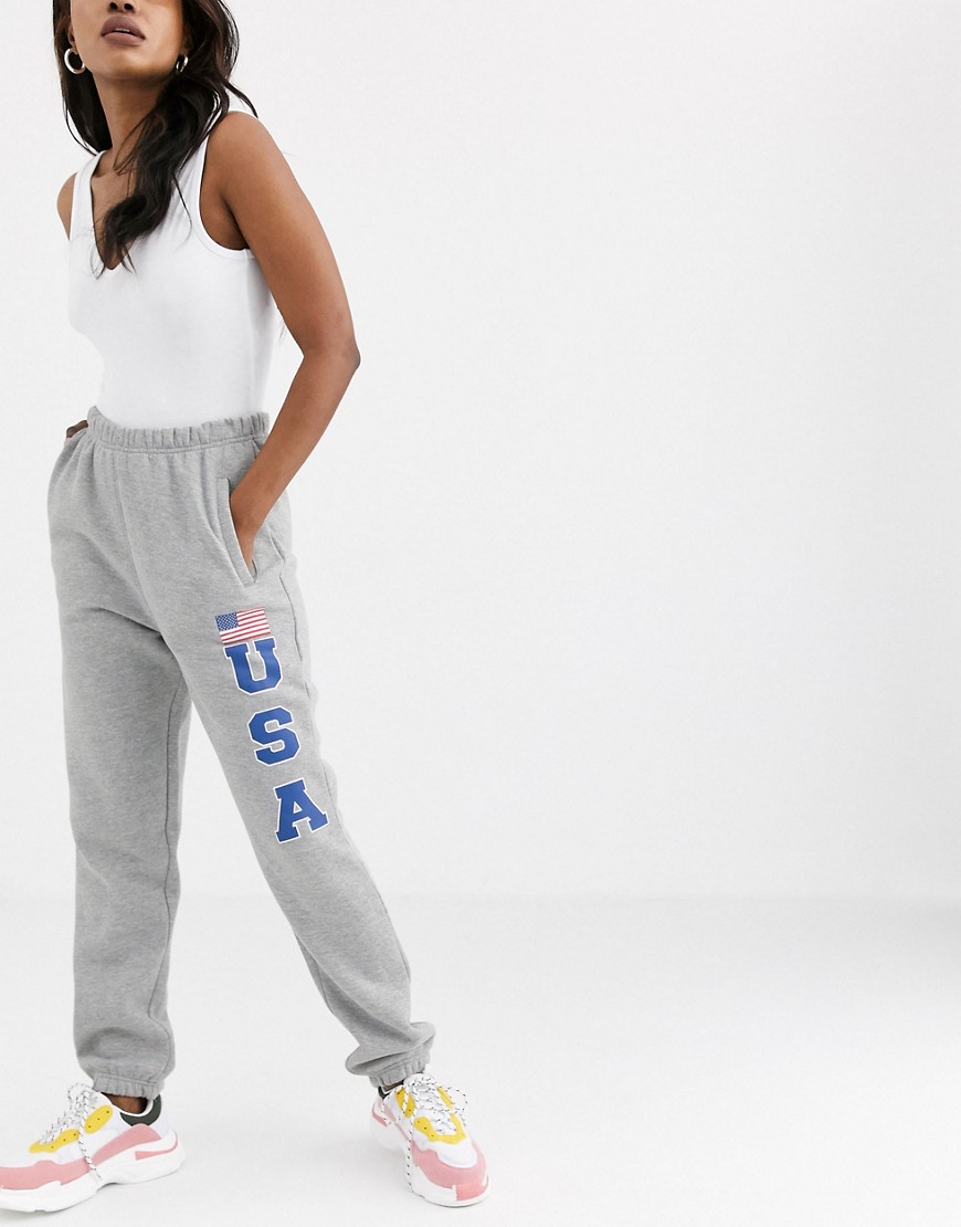 Daisy Street relaxed cuffed joggers with usa print-Grey