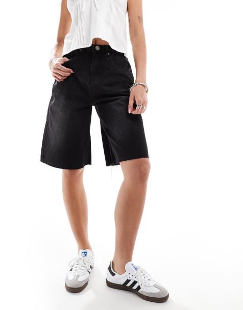 Daisy Street relaxed denim jorts in washed black - view 1