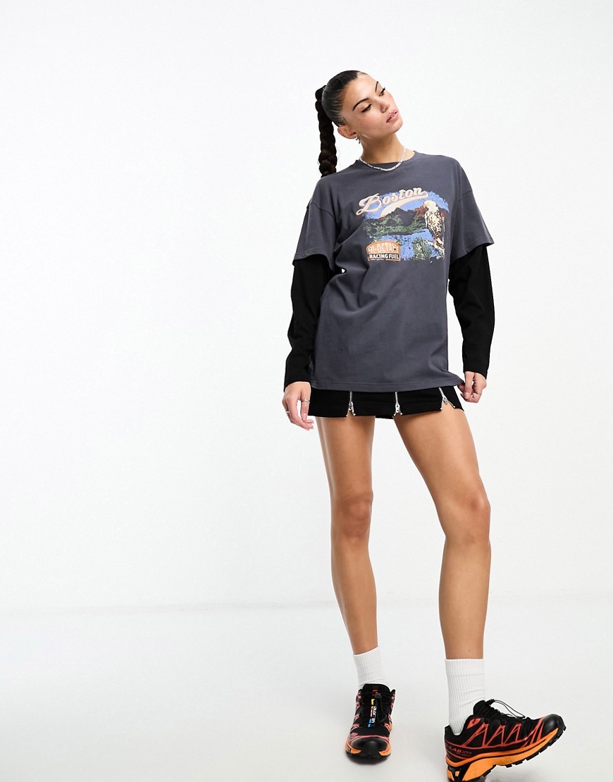 Daisy Street relaxed double layer t-shirt with boston graphic in grey and black