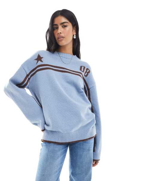 Daisy Street relaxed fit intarsia knit jumper in light blue - view 1