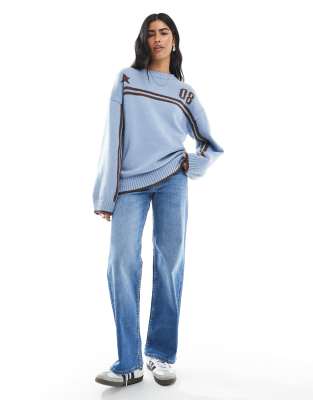 Daisy Street Relaxed Fit Intarsia Knit Sweater In Blue