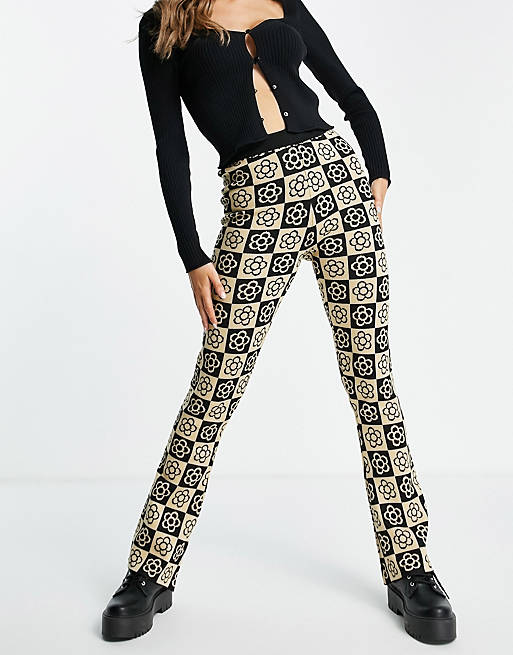 Daisy Street relaxed flares in checkerboard floral knit co-ord