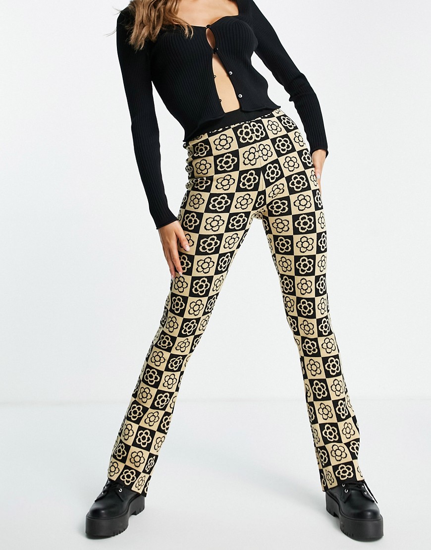Daisy Street relaxed flares in checkerboard floral knit - part of a set-Multi