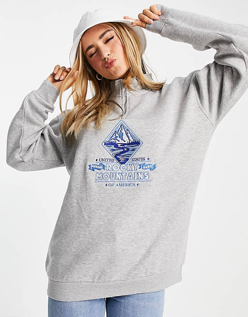 Women Daisy Street relaxed funnel neck sweatshirt with rocky mountains graphic 