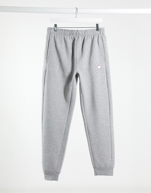 Daisy Street relaxed joggers in grey marl with heart embroidery