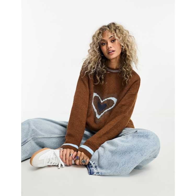 Daisy Street relaxed jumper in brown with retro heart knit | ASOS