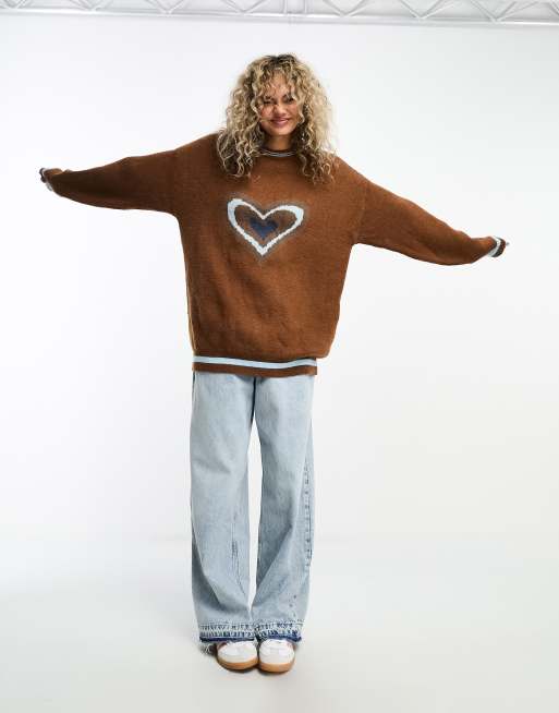 Daisy Street relaxed jumper in brown with retro heart knit, 2 of 4