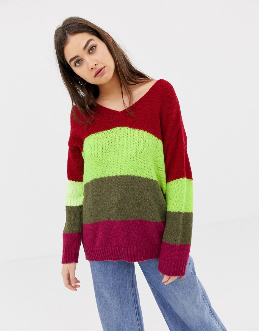 Daisy Street relaxed jumper in contrast fluffy knit stripe-Multi