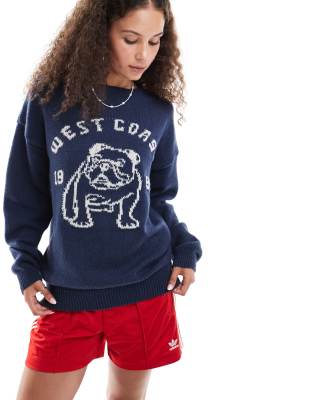 relaxed knit sweater with bulldog intarsia-Navy