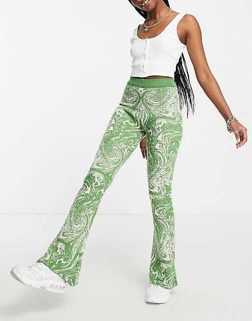 Daisy Street relaxed knitted flares in green marble co-ord