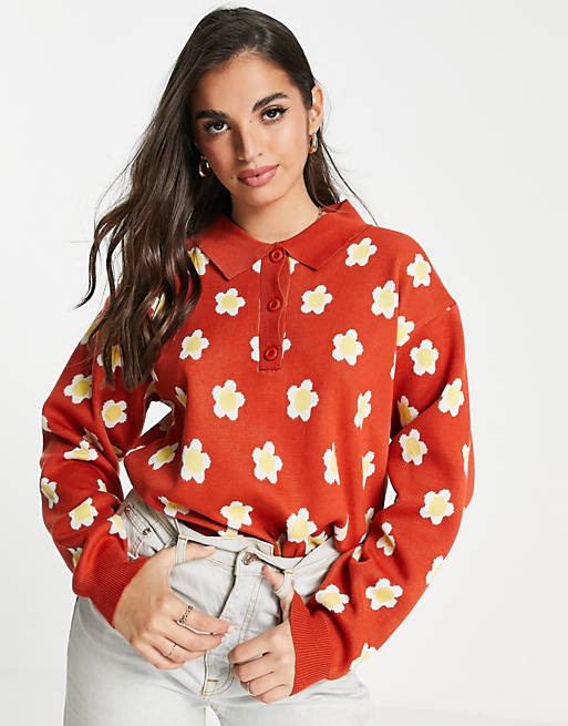Women Daisy Street relaxed knitted jumper with button detail in red daisy 