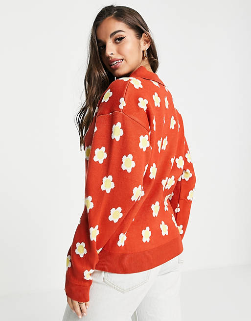 Women Daisy Street relaxed knitted jumper with button detail in red daisy 
