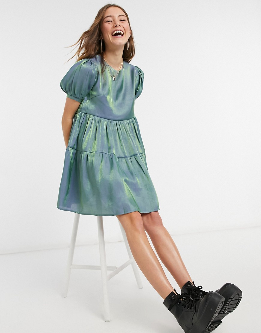 Daisy Street relaxed mini smock dress with puff sleeves in iridescent-Blue  (ASOS) - TheTrendi