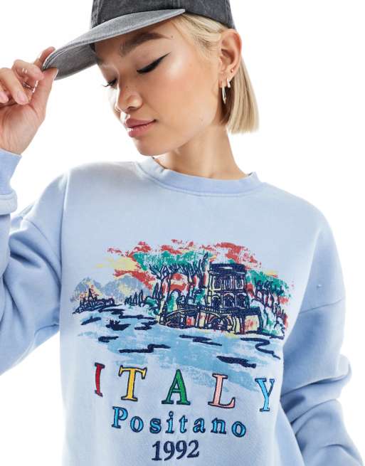 Daisy Street relaxed sweatshirt in blue with Italy embroidery, 2 of 4