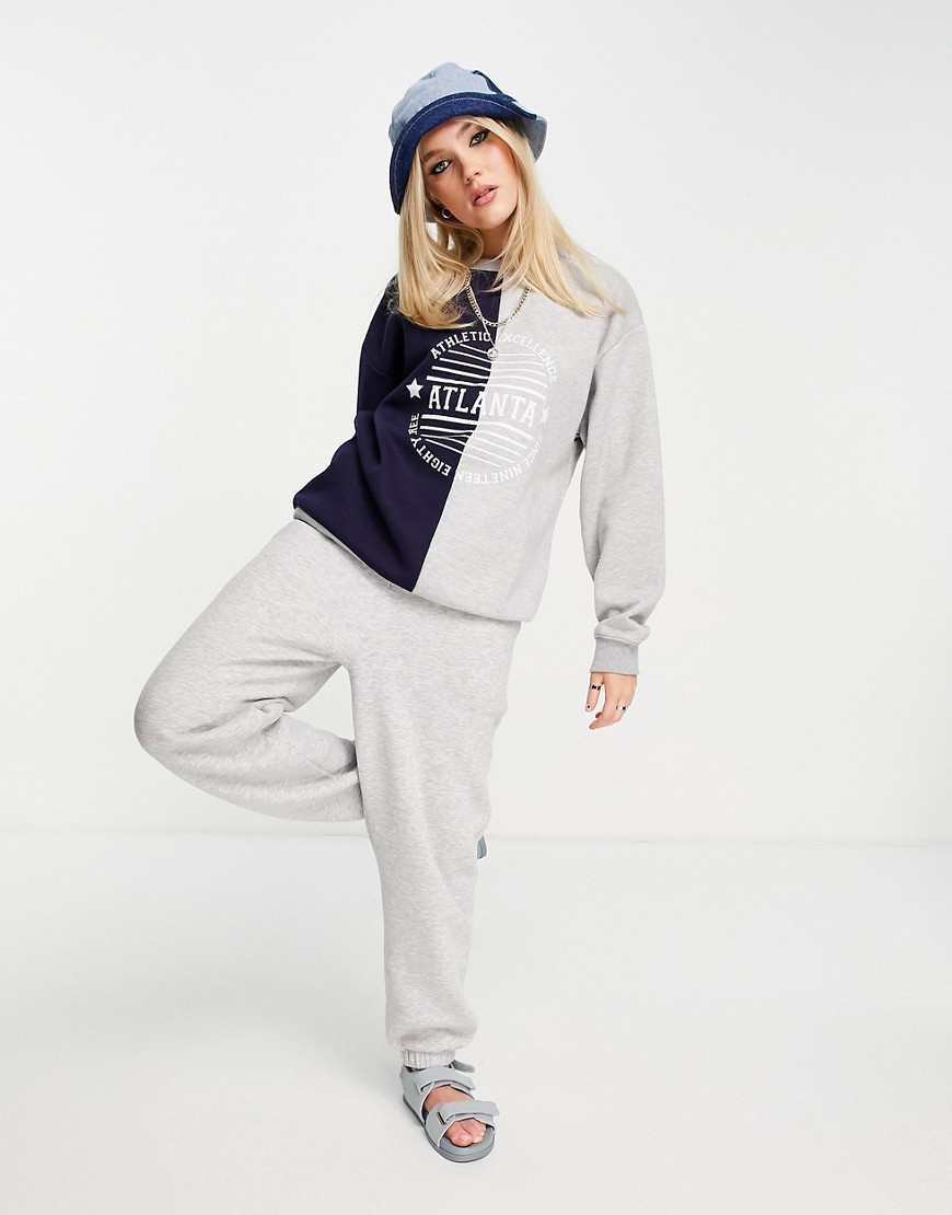 Daisy Street relaxed sweatshirt with atlanta print in color block - part of a set-Grey