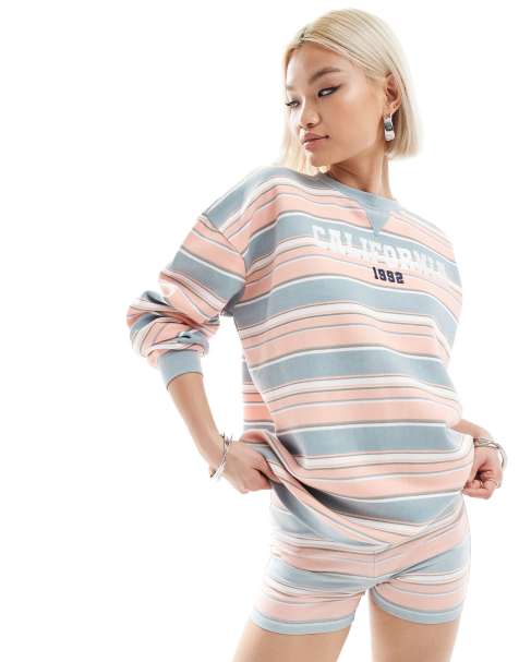 Daisy Street relaxed sweatshirt with California embroidery co-ord in pink blue stripe - view 1