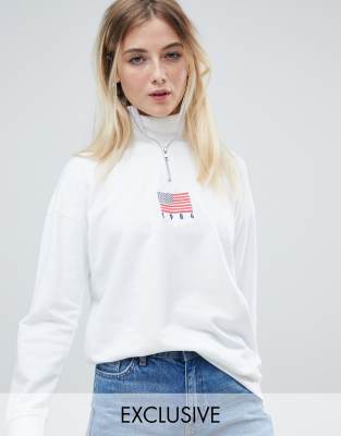daisy street relaxed sweatshirt with half zip and flag embroidery