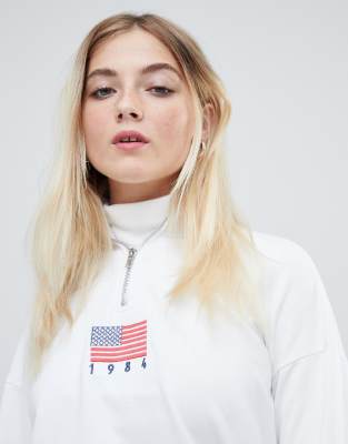 daisy street relaxed sweatshirt with half zip and flag embroidery