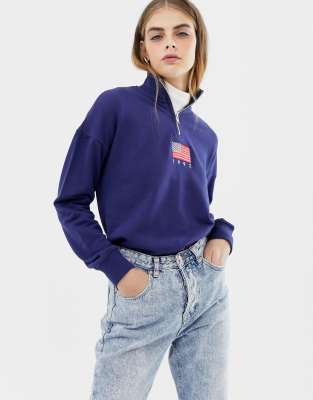 daisy street relaxed sweatshirt with half zip and flag embroidery