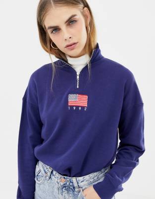 daisy street relaxed sweatshirt with half zip and flag embroidery