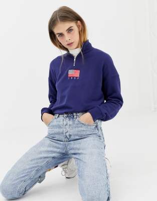 daisy street relaxed sweatshirt with half zip and flag embroidery