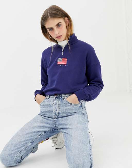 Daisy street relaxed sweatshirt with half zip and store flag embroidery